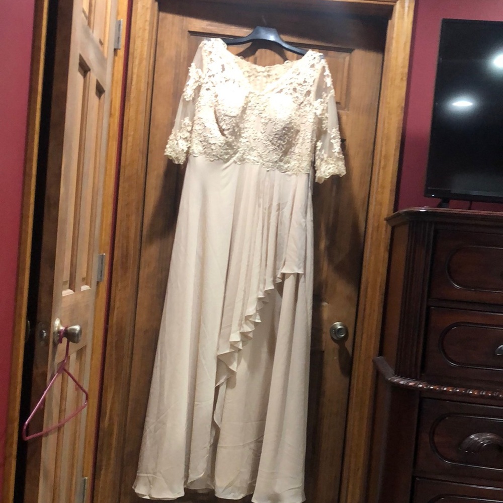 Champagne Mother of the Bride Asymmetrical Gown with Bell Sleeves and Scoop Neck